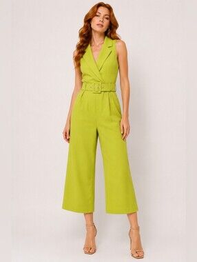 Kay Unger Sleeveless Wrap-Front Belted Lime Green Crop Wide Leg Jumpsuit Sz 8